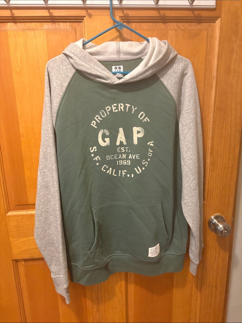 GAP Men’s Green Body with Gray Raglan Sleeve Hooded Sweatshirt